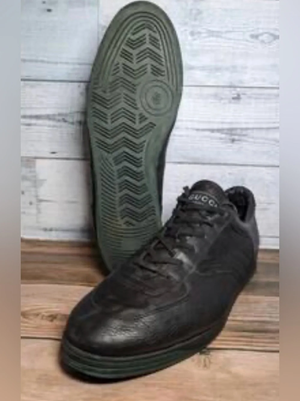 Gucci Black Leather Lace-Up Sneakers with Green Sole Accent